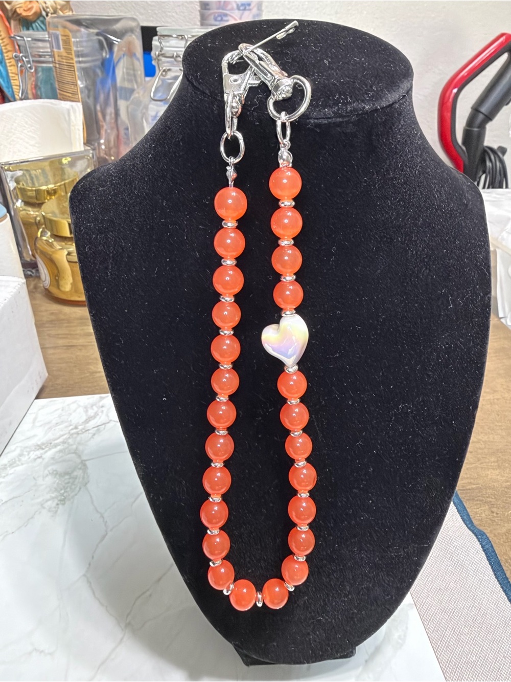 Handmade Orange Beaded bag Strap with Heart Charm